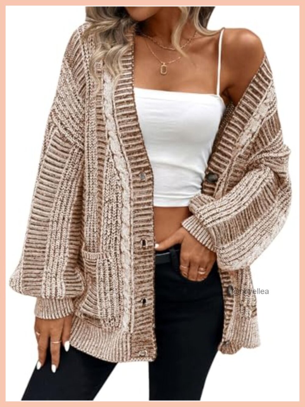 Oversized Cable Knit Open Front Cardigan Sweater with Pockets